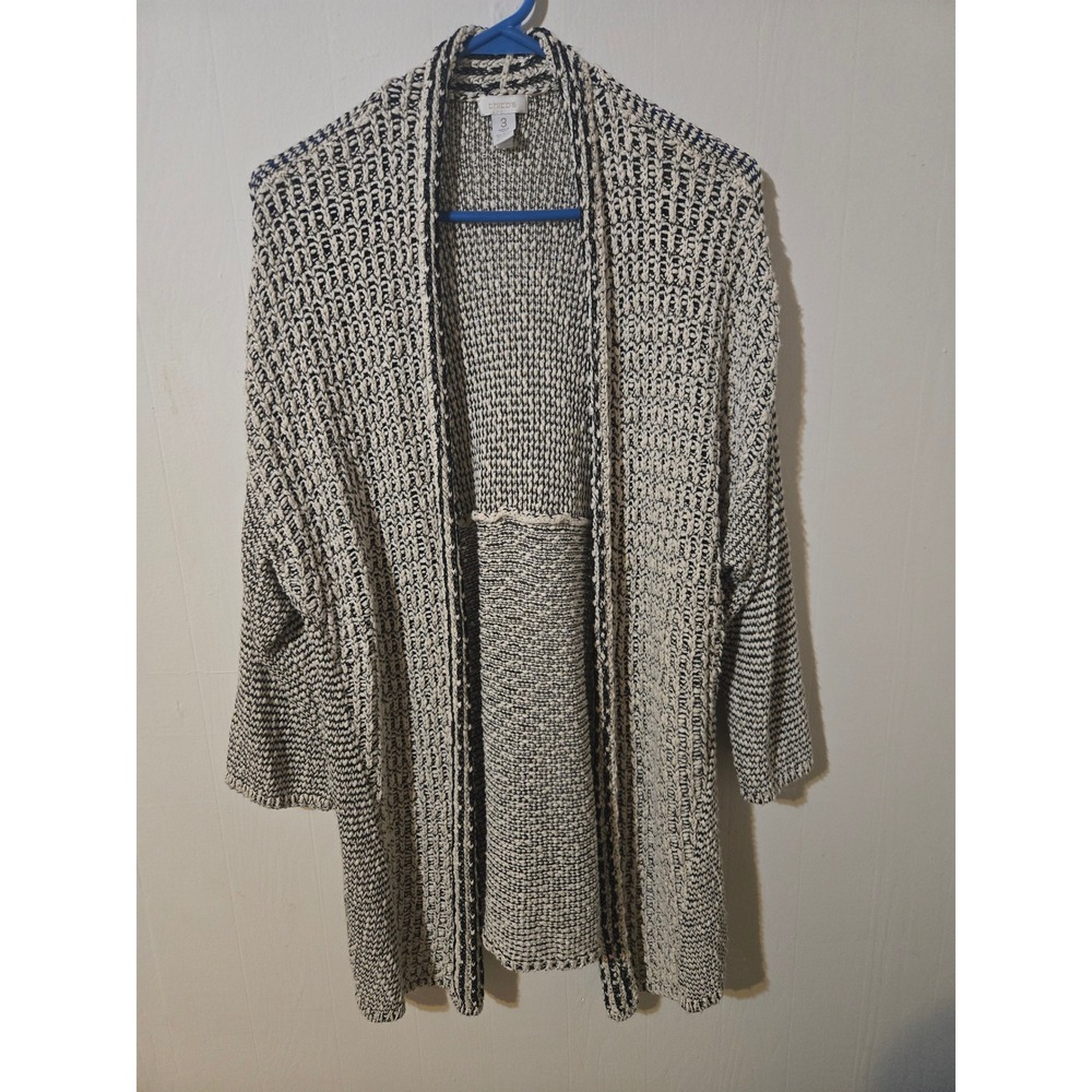 Chicos Womens Size 3 Large XL Open Front Cardigan Sweater Black White Marled